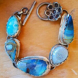 Temi Kucinski Blue Jelly Opal Lapis Cabochons and Sterling Silver Daisy Bracelet